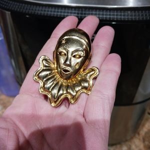 Vintage 80's Large Goldtone Harlequin Clown Brooch.